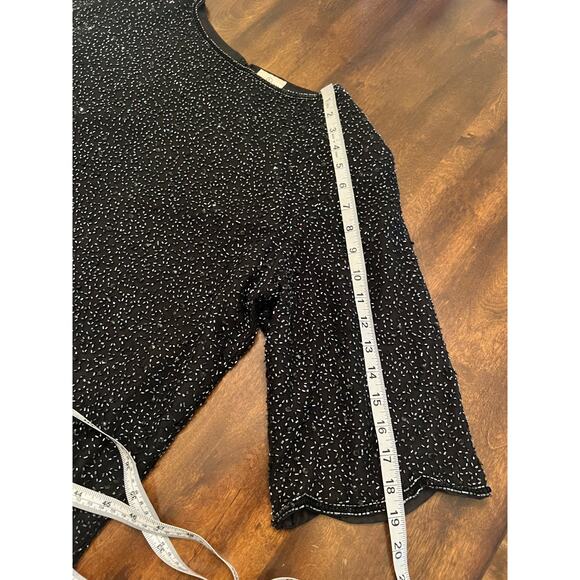 Women’s Formal Evening 100% Silk Black Beaded Short Sleeve Blouse Size Large - Picture 8 of 9
